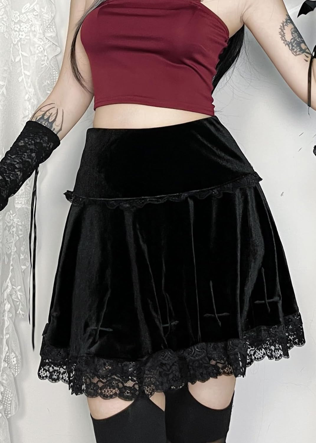 Womens Gothic Mini Skirts Punk Grunge Velvet Skirts High Waist Emo Skirt Mall Goth Alt Harajuku Skirt